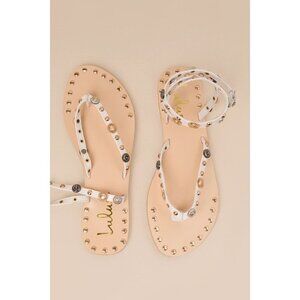 Lulus Brydone Bone Studded Ankle Strap Flat Thong Sandals White - Size 7